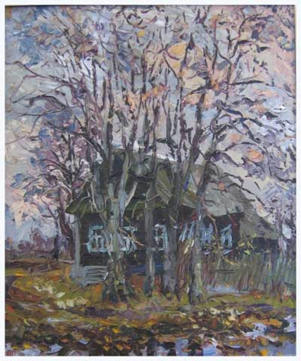 В.В.Теплов. Дом на отшибе. 2003. 60х50. ДВП, м.