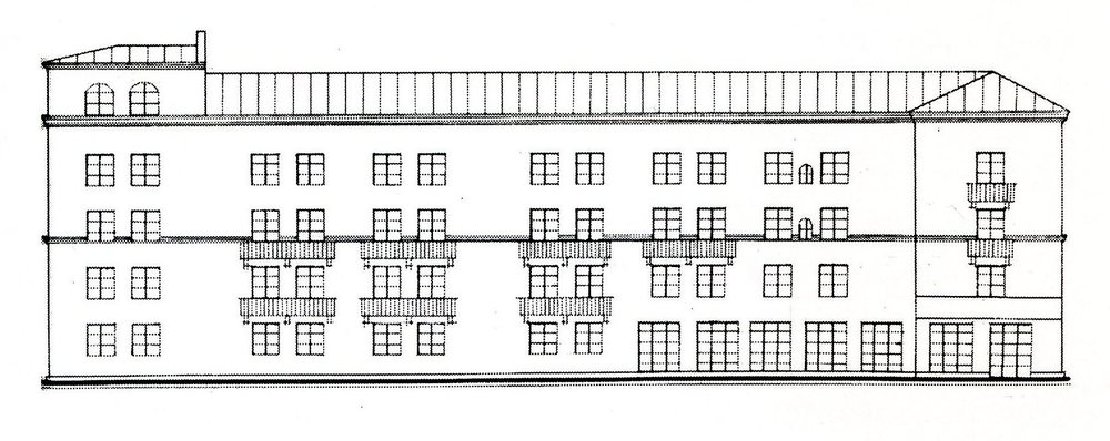 Проект "Дома с аркой". Восточный фасад (по Советской улице). Архитекторы М.П. Парусников и И.Н. Соболев