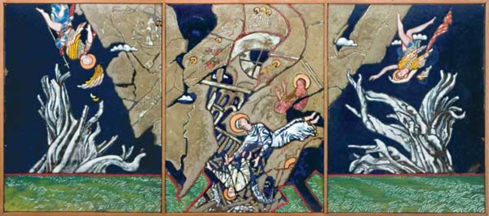 А.А.Карих. "Россия. 20 век. Затмение". Медь, эмаль. 40х90 см. 2005