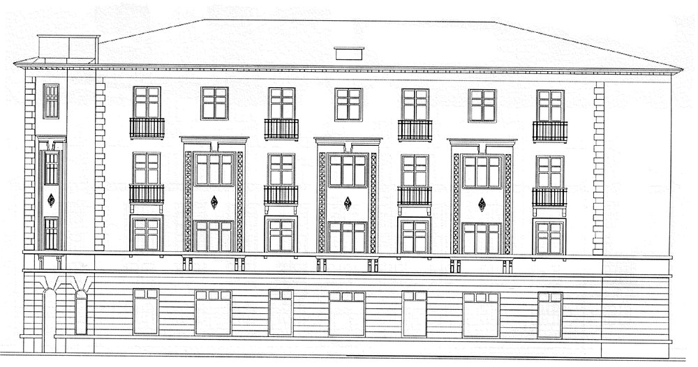 Жилой дом на углу пр. Октября и ул. Победы. Фасад с пр. Октября. Проект П.И. Курицына