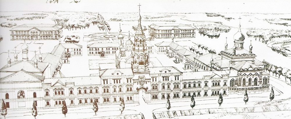 Эскизный проект восстановления монастыря. Слева — Спасская церковь, справа — Всехскорбященская церковь, в центре — колокольня